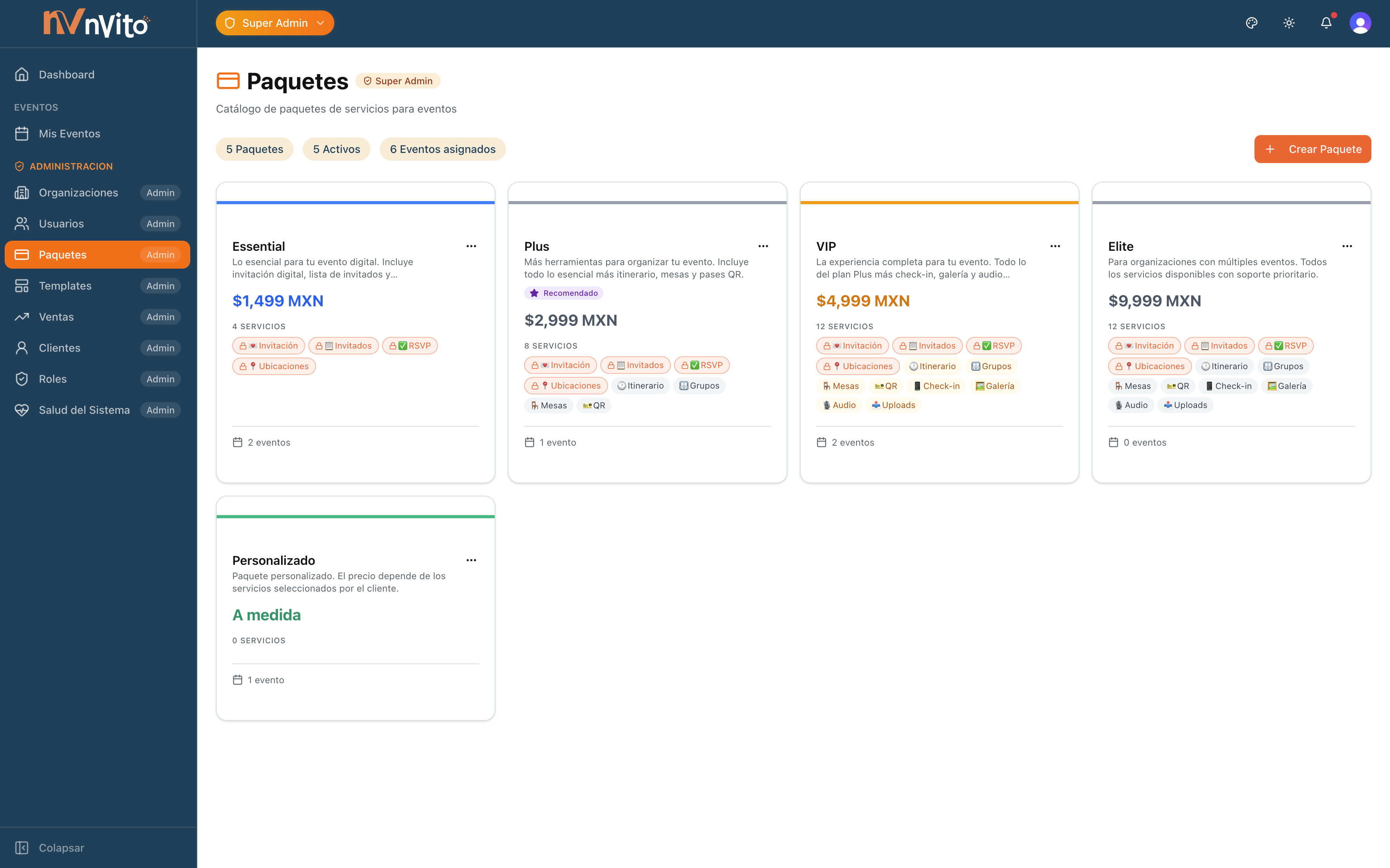 Grid de paquetes con servicios y precios