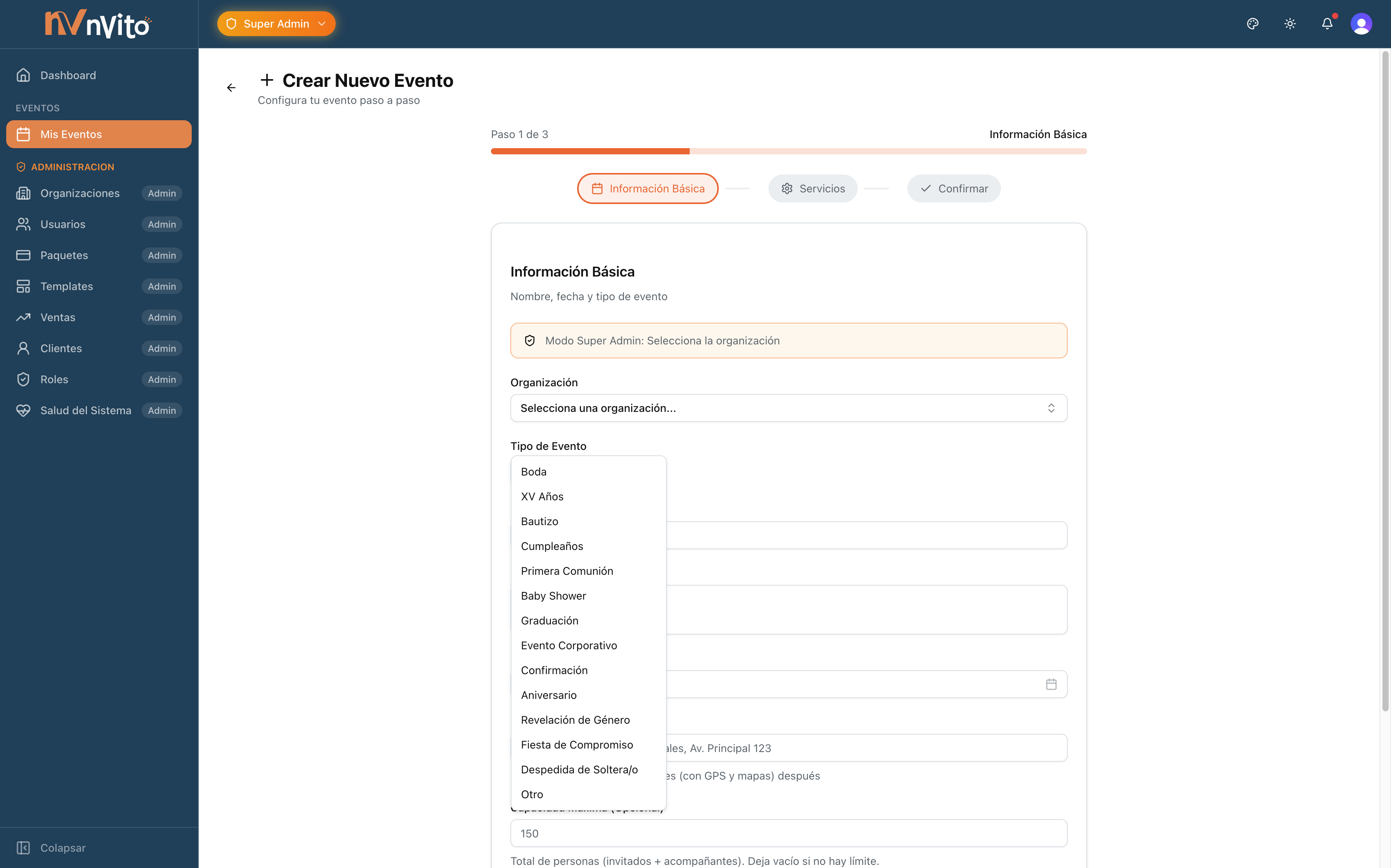 Asistente de creación de eventos — paso 1: información básica
