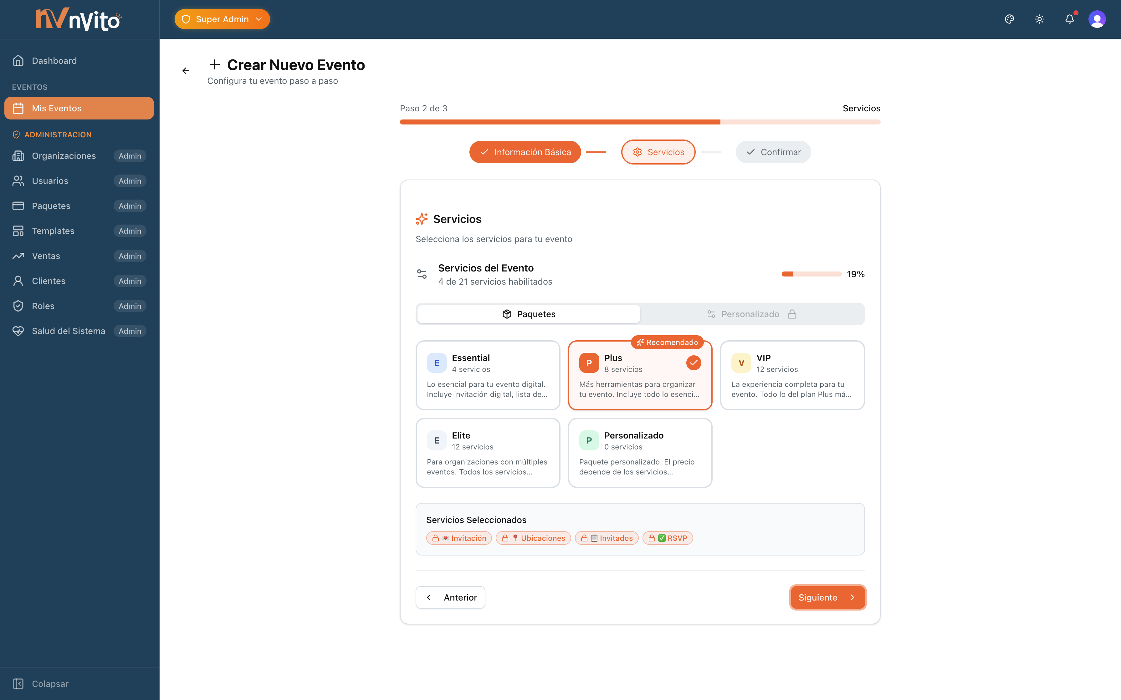 Asistente de creación de eventos — paso 2: seleccion de servicios