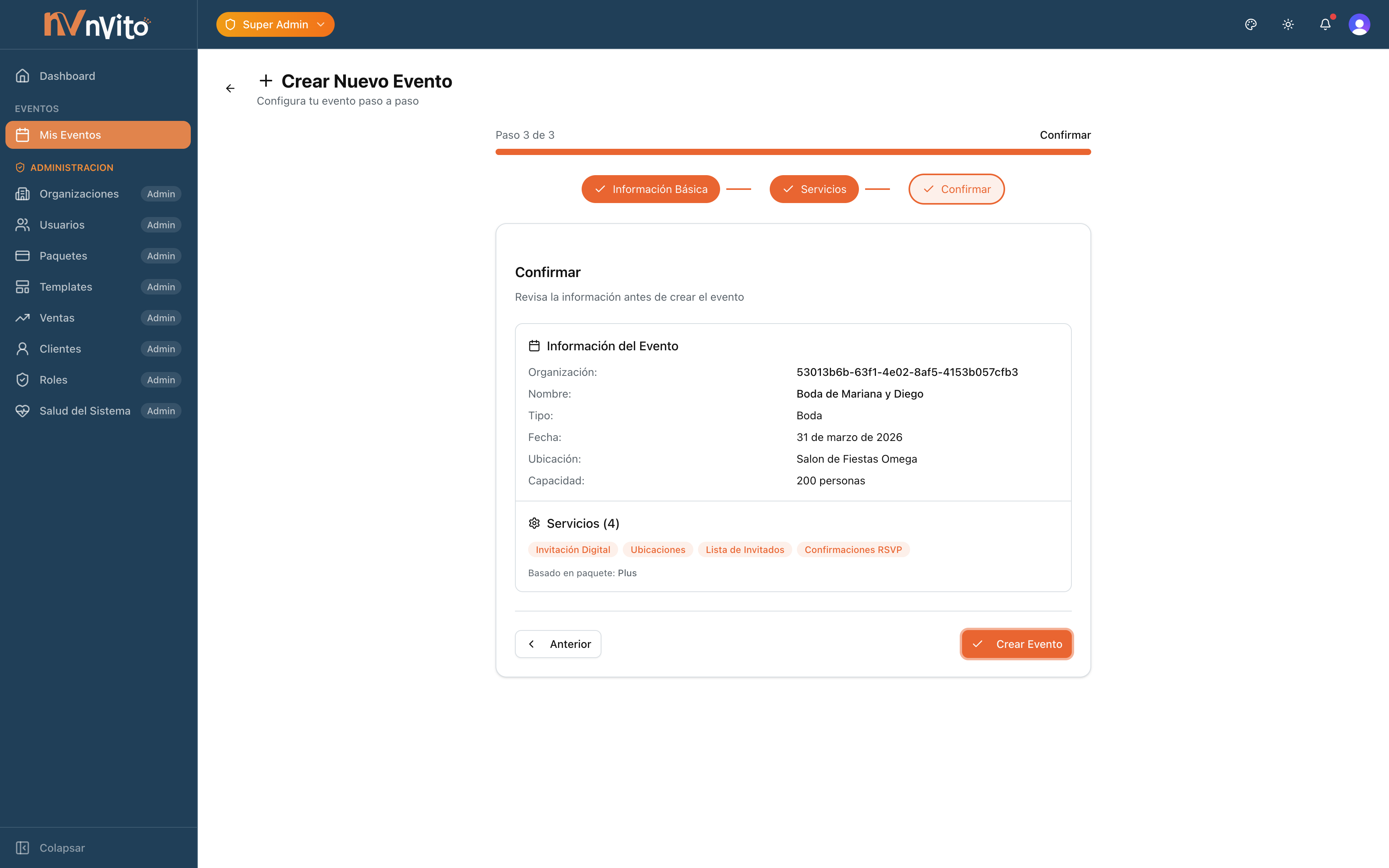 Asistente de creación de eventos — paso 3: confirmación y resumen