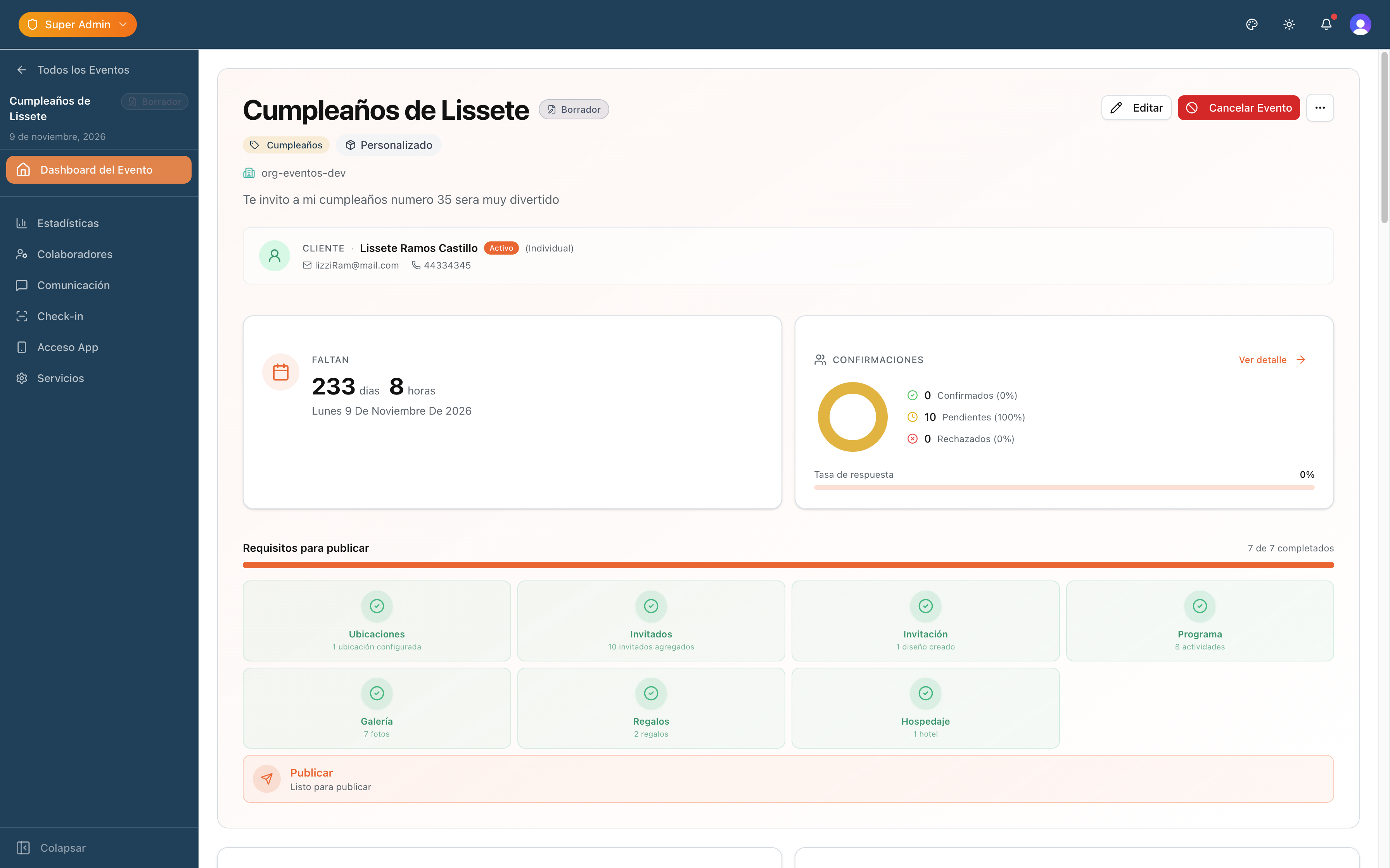 Vista del dashboard dentro de un evento