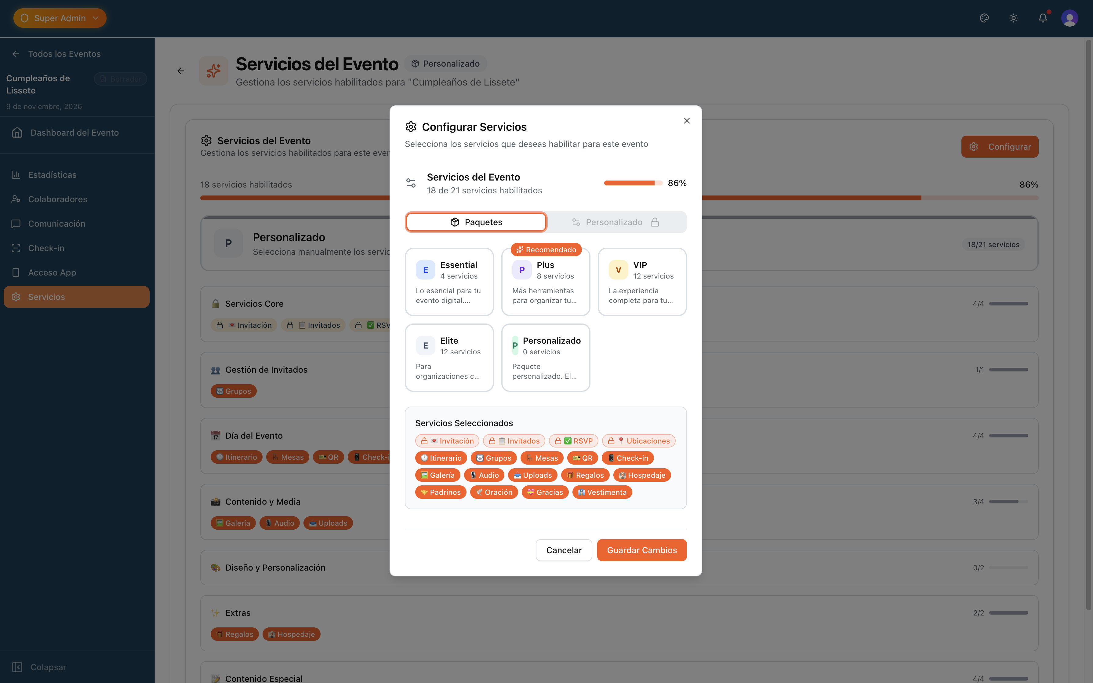 Pantalla de configuración de servicios