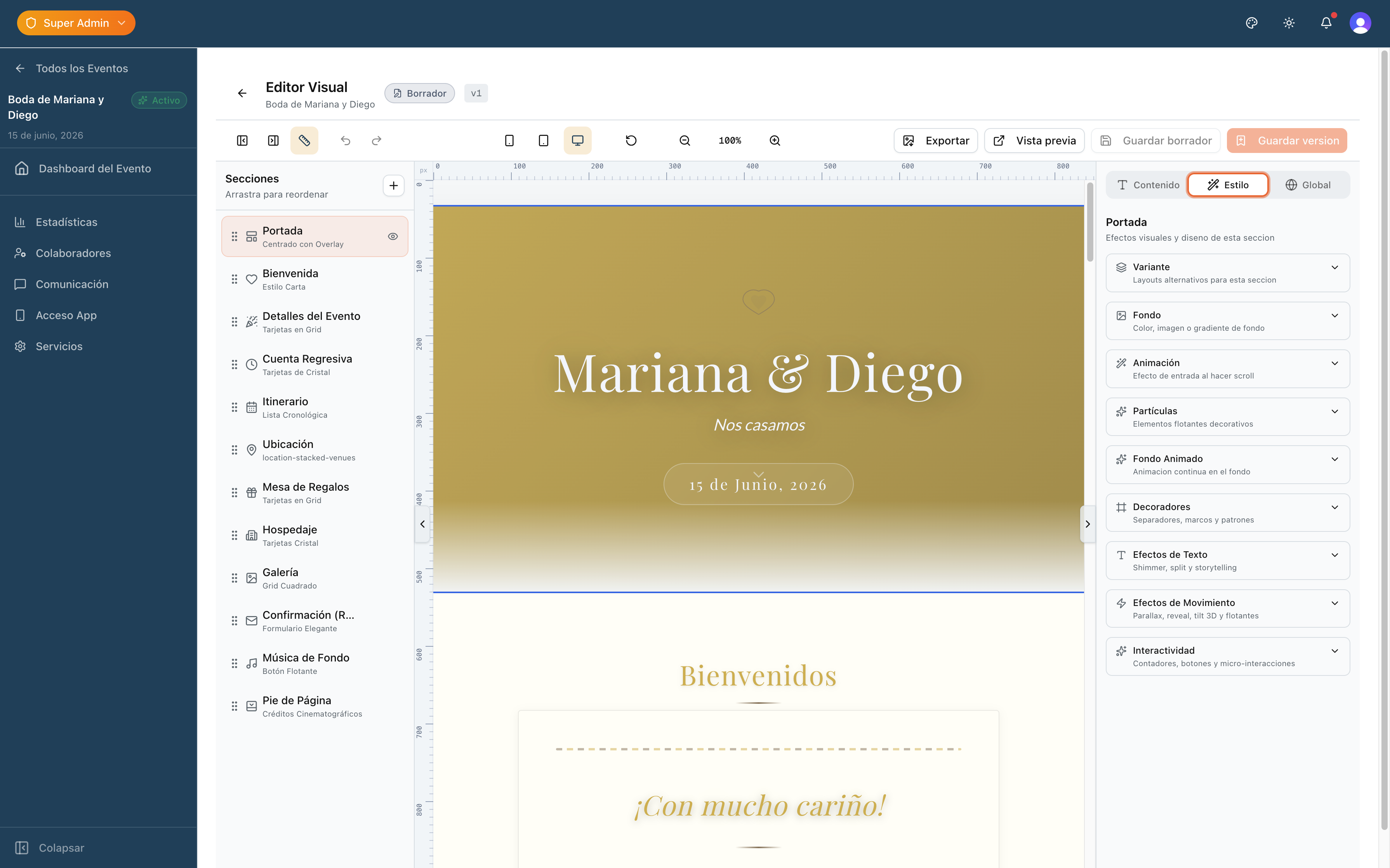Editor visual de invitaciones con sus 3 paneles