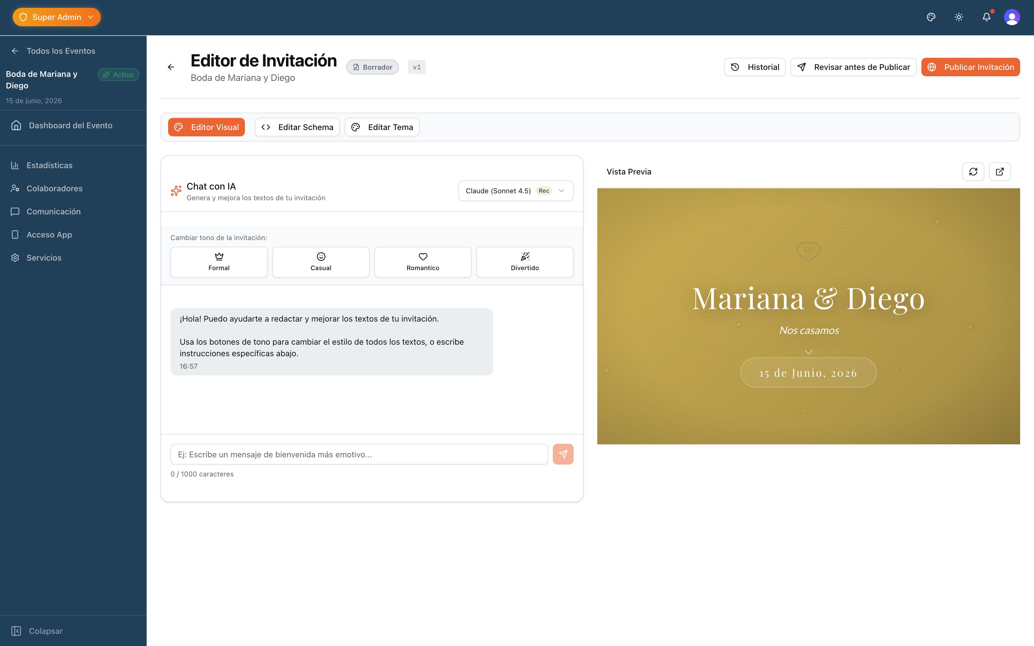 Pantalla de preview y publicación de invitación en Nvito