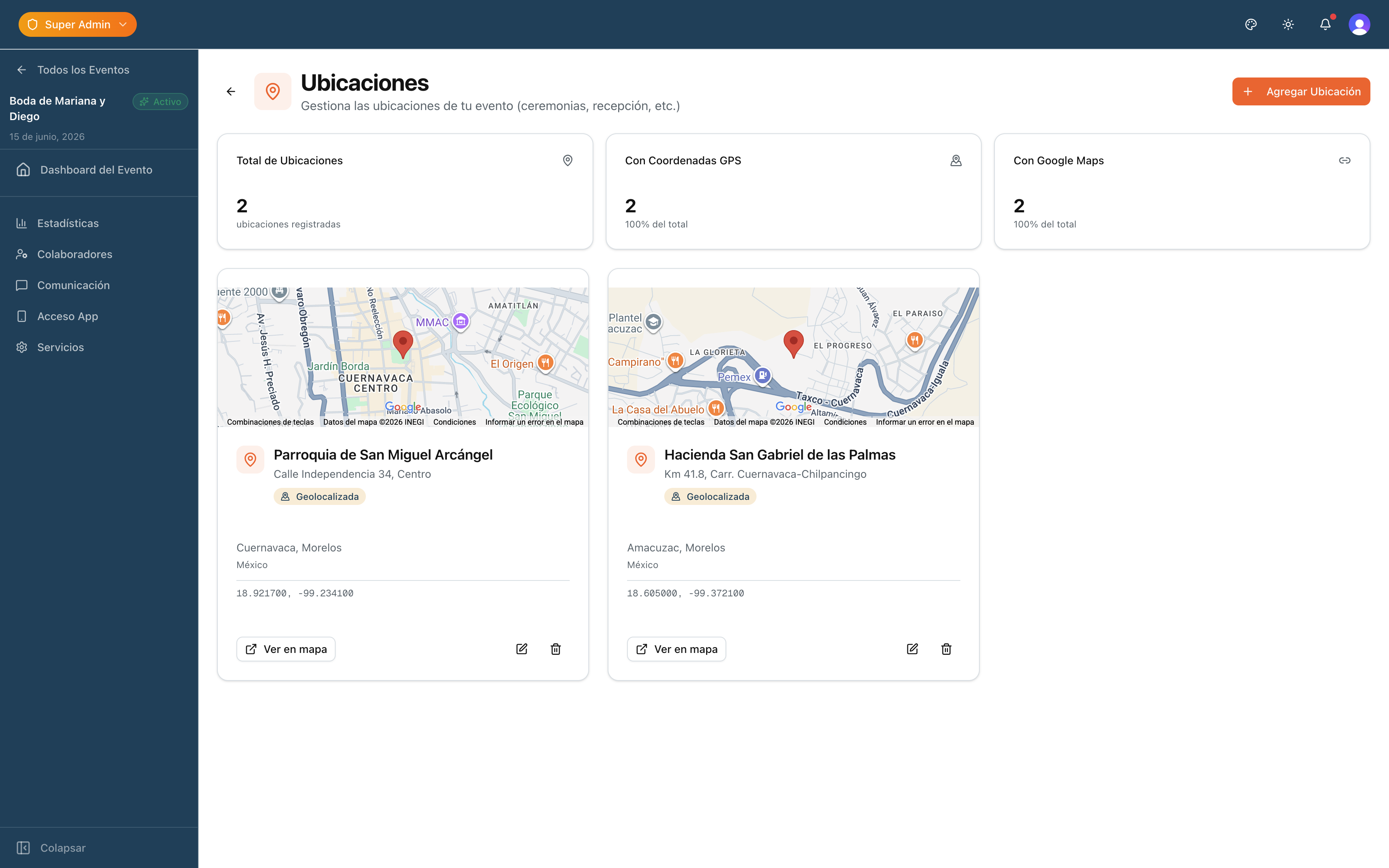 Ubicaciones del evento